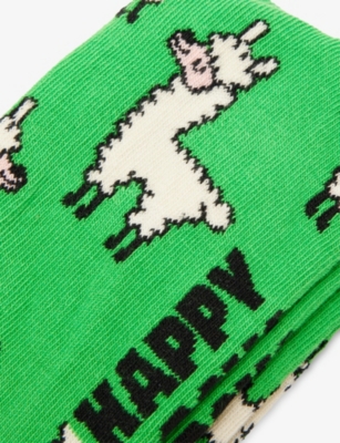 Happy Socks Mens Green Alpaca-print Stretch-cotton Bend Socks In Green