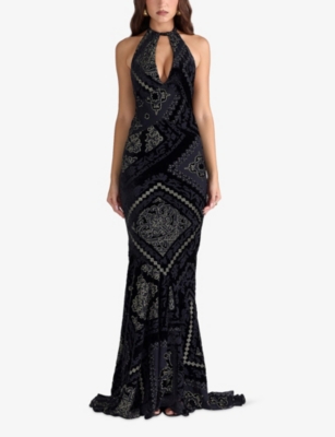 House Of Cb Womens Black & Gold Oliviana Halterneck Velvet Maxi Dress In Multi