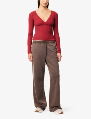 Bo+tee Womens Burgundy Ribbed V-neck Stretch-woven Top Xs In Red