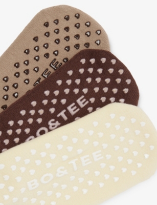 Bo+tee Womens Mocha Multi Branded Set Of Three Cotton Pilates Socks In Brown