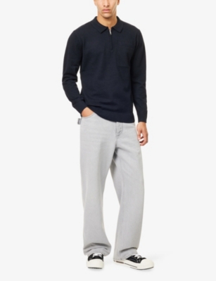 Nobl Mens Navy Patch-pocket Quarter-zip Knitted Polo Shirt In Blue