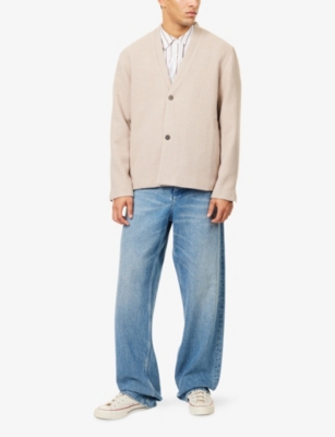 Nobl Mens Beige Bear Collarless Knitted Jacket In Neutral