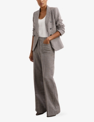 Reiss Womens Navy Neutral Check Evie Checked Flared-leg High-rise Cotton And Linen-blend Trousers In Gray
