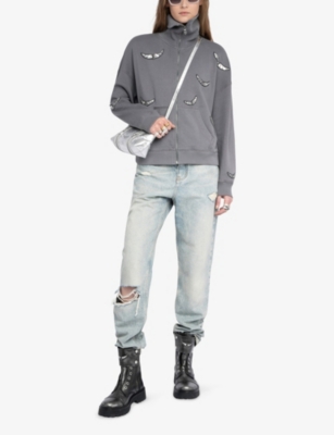 Zadig & Voltaire Womens Milly Wing-embroidered Zipped Cotton Sweatshirt Medium Grey In Gray