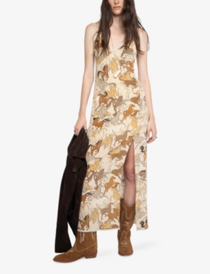 Zadig & Voltaire Womens Ecru Ramelil Horse-pattern Silk Midi Dress Xs In Gold