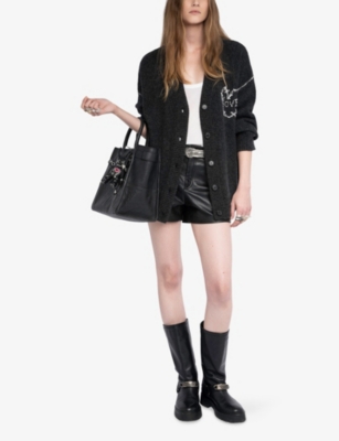 Zadig & Voltaire Womens Arpa Embroidered Merino-wool Cardigan Anthracite Xs In Black