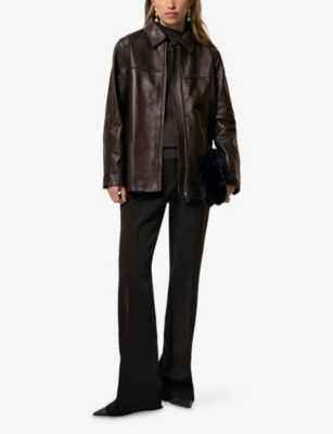 Reiss Womens Chocolate Brown Layla Zip-up Leather Jacket In Brown