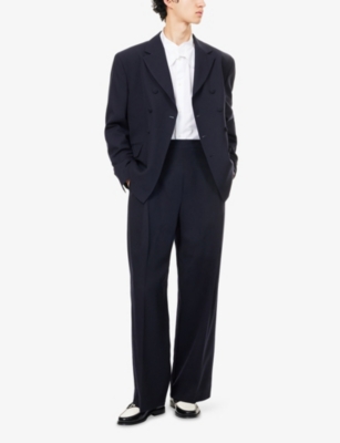Harry Lambert X Disney X Disney Mens Navy Blue Harry Lambert For Zara X Disney High-rise Buttoned Wide-leg Wool-blend Trous In Black