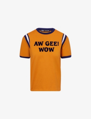 Harry Lambert X Disney X Disney Womens Orange Harry Lambert For Zara X Disney Aw Gee! Wow Flocked Cotton-jersey T-shirt Xs In Orange