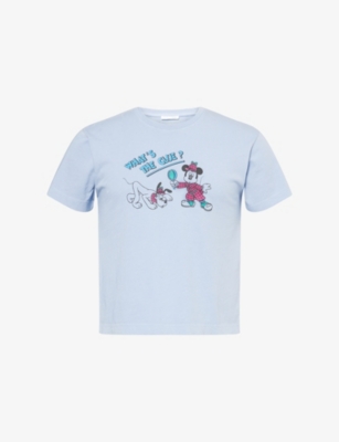 Harry Lambert X Disney X Disney Womens Sky Blue Harry Lambert For Zara X Disney Mickey & Pluto Graphic-print Cotton-jersey  In Blue