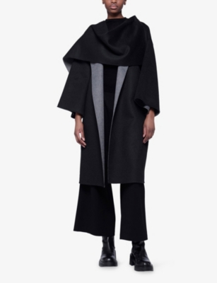Leem Womens  Reversible Cocoon Wool-blend Coat With Scarf Detail In Black