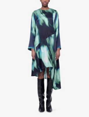 LEEM: Printed Asymmetric-Panelled Silk Midi Dress