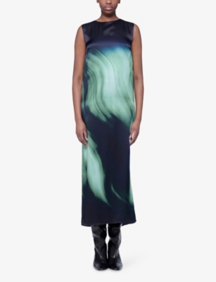 Leem Womens  Sleeveless Printed Silk Midi Dress In Green