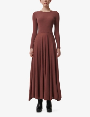 Leem Womens Brown Long-sleeve Fit And Flare Knitted Maxi Dress In Multi