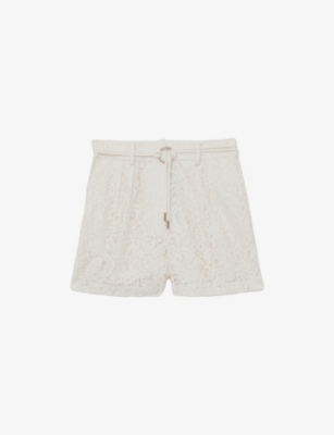Reiss Womens White Lori Belted-waist Lace Shorts In Multi