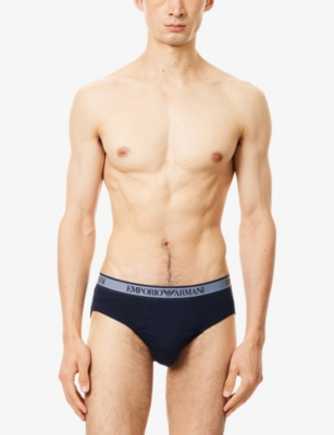 Emporio Armani Mens Blue/blue/blue Branded Mid-rise Pack Of Three Stretch-cotton Briefs In Blue