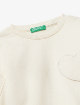 Benetton Cream Crewneck Heart-patch Cotton Sweatshirt 18 Months-5 In White