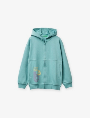 Benetton Kids' Pale Green Zipped Graphic-print Cotton Hoody 6-14