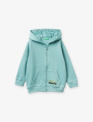 Benetton Kids' Pale Green Zipped Graphic-print Cotton Hoody 18 Months-5 Year