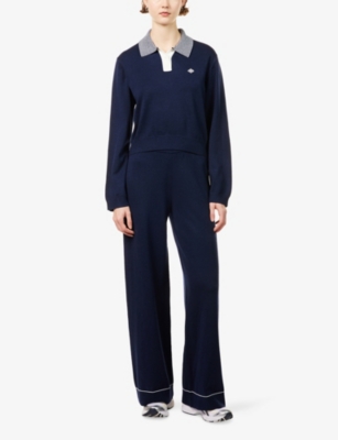 THE COUTURE CLUB: Striped-Collar Embroidered-Logo Polo Top