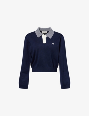THE COUTURE CLUB: Striped-Collar Embroidered-Logo Polo Top
