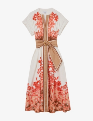 Womens Reiss Sawyer Floral-Print Belted Stretch-Cotton Midi Dress