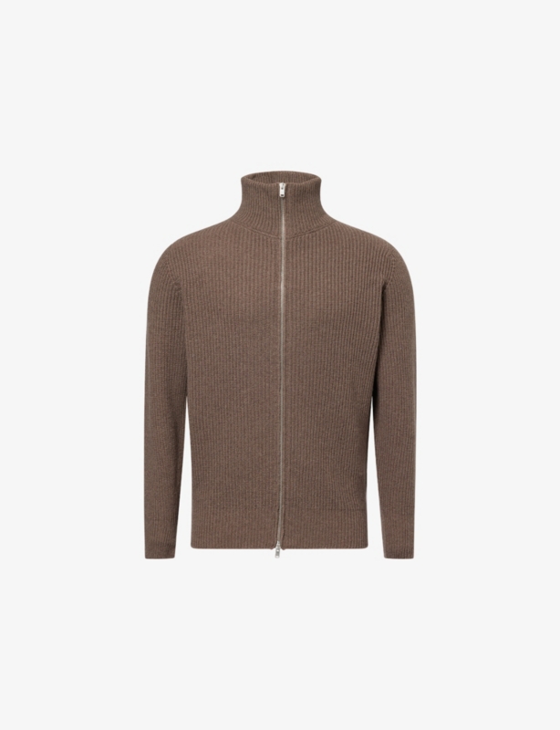High-Neck Zip-Up Knitted Cashmere And Wool Cardigan