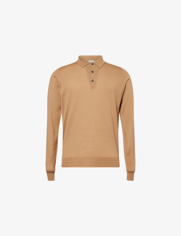 Knitted Long-Sleeve Wool Polo Top