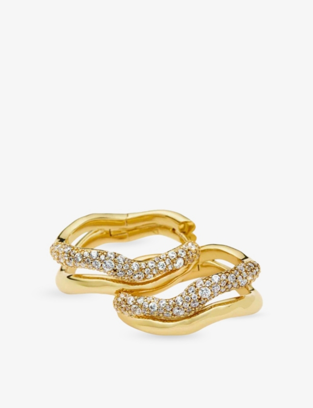Molten Snow Double Medium 18ct Yellow Gold-Plated Brass and Zirconia Hoop Earrings