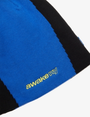 Awake Ny Mens Blue Panel Knitted Cotton Beanie In Blue