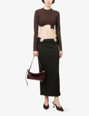 Christopher Esber Womens Carbon Stone-embellished Ruched Stretch-woven Midi Skirt In Black