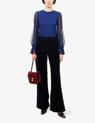 Me And Em And Em Womens Ink Blue Elongator Flared-leg Velvet-denim Jeans In Blue