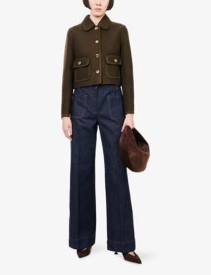 Me And Em And Em Womens Intense Olive Straight Cropped Bound Wool Jacket In Brown