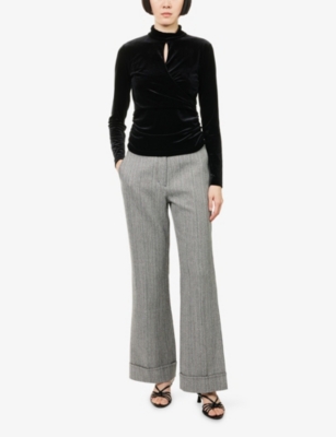 Me And Em And Em Womens Black Wrap-front Cut-out Velvet-texture Top In Black