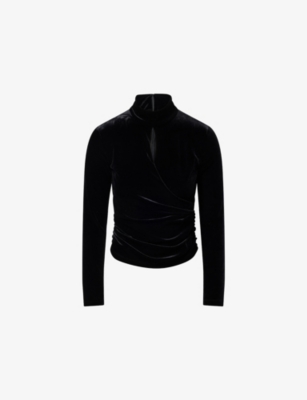 Me And Em And Em Womens Black Wrap-front Cut-out Velvet-texture Top In Black