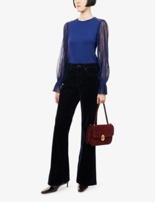 Me And Em And Em Womens Bright Evening Blue Lace-insert Tulle-sleeeve Stretch-jersey Blouse In Blue