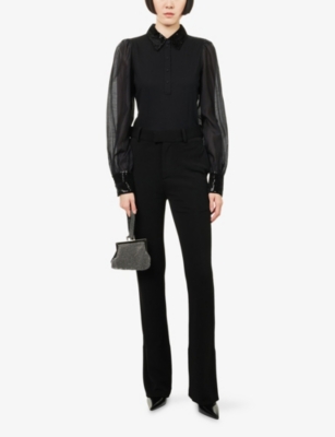 Me And Em And Em Womens Black Sequin Embellished-trim Puff-sleeve Cotton And Modal-blend Shirt In Black