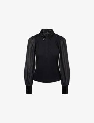 Me And Em And Em Womens Black Sequin Embellished-trim Puff-sleeve Cotton And Modal-blend Shirt In Black