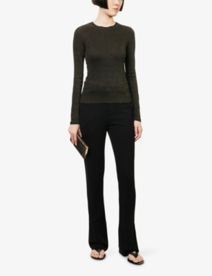 Me And Em And Em Womens Black/gold Long-sleeve Metallic-knit Stretch-jersey Top In Black