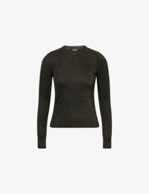 Me And Em And Em Womens Black/gold Long-sleeve Metallic-knit Stretch-jersey Top In Black