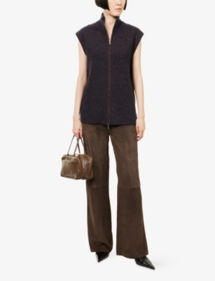 Me And Em And Em Womens Navy/chocolate Mouli High-neck Two Way-zip Ribbed Merino-wool And Cashmere-blend Vest In Brown