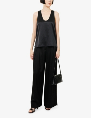 Me And Em And Em Womens Black Double-pleated Wide-leg Satin Trousers In Black