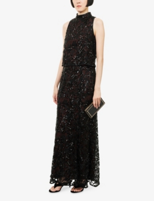 Me And Em And Em Womens Black Sequin-embellished Mesh-overlay Maxi Skirt In Black