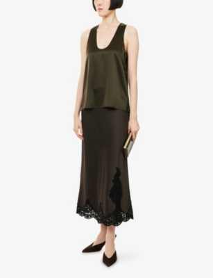 Me And Em And Em Womens Intense Olive Lace-embroidered Bias-cut Satin-crepe Maxi Skirt In Brown