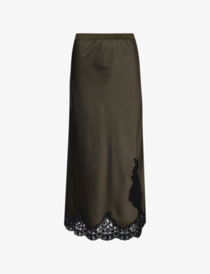 Me And Em And Em Womens Intense Olive Lace-embroidered Bias-cut Satin-crepe Maxi Skirt In Brown