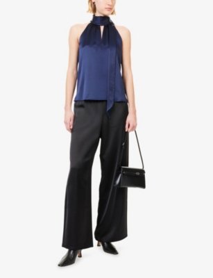 Me And Em Womens  Halterneck Tie Silk Top In Blue