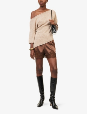 Reformation Womens Pinecone Fern Lace-trim Satin Shorts In Brown