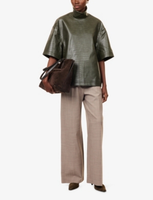 The Frankie Shop Womens Delancey Croc Faux-leather Top Dark Olive Xxs In Green