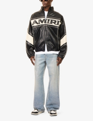 Amiri Mens Black Text Embroidered Sport Leather Jacket In Black