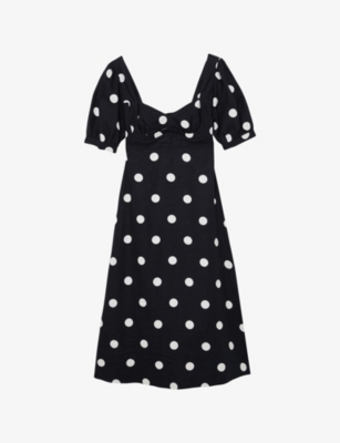 Womens Reiss Astrid Puff-Sleeve Polka-Dot Linen Midi Dress